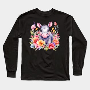 A baby hippo decorated with beautiful watercolor flowers Long Sleeve T-Shirt